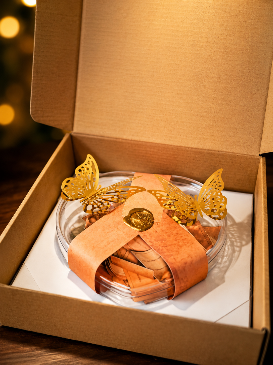 Hand-crafted custom message box with golden butterflies and wax seal